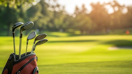 Wall Mural - Golf bag and clubs in front of a blurred golf course background