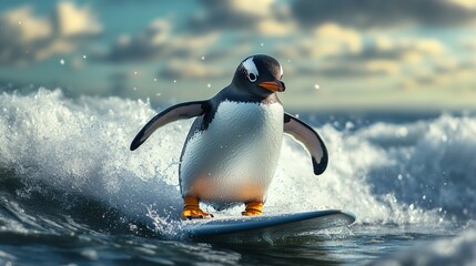 Wall Mural - Funny penguin riding on a surfboard on the waves 