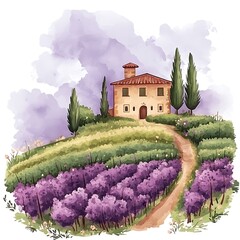 Poster - Watercolor Illustration of a Stone House in a Lavender Field.