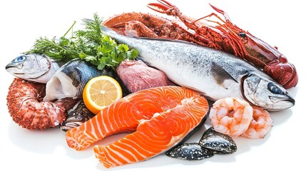 Wall Mural - Fresh catch of fish and other seafood isolated on white 