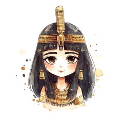 Canvas Print - Watercolor Illustration of a Cute Cartoon Egyptian Queen.