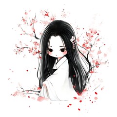 Sticker - Watercolor Illustration of a Cute Girl with Long Black Hair in a White Dress Standing Under a Cherry Blossom Tree.