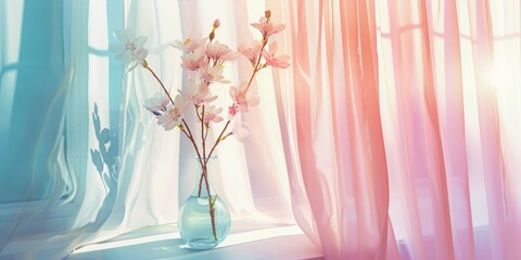 Canvas Print - A vase of pink flowers on a window sill with curtains, basking in the sunlight. It evokes a warm and cozy atmosphere.