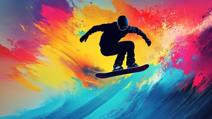 Canvas Print - Dynamic snowboarder silhouette executing tricks amidst a vibrant, colorful backdrop