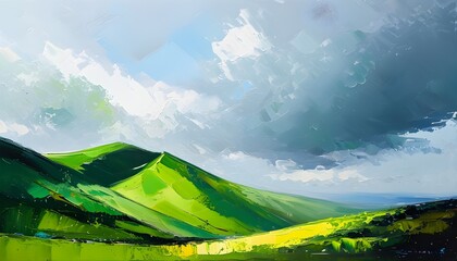 Wall Mural - Vibrant Abstract Landscape of Lush Green Hills beneath a Dynamic Cloudy Sky