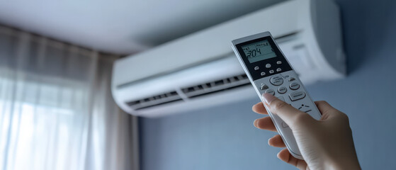 A hand holding a remote control aimed at a wall-mounted air conditioner.