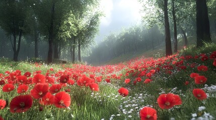 Wall Mural - Poppy Field in a Misty Forest - Nature Photography