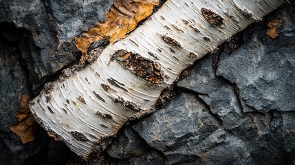 A close-up of a birch log resting on rocky terrain, showcasing natural textures.