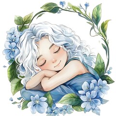 Canvas Print - Watercolor Illustration of a Girl Sleeping in a Wreath of Flowers.