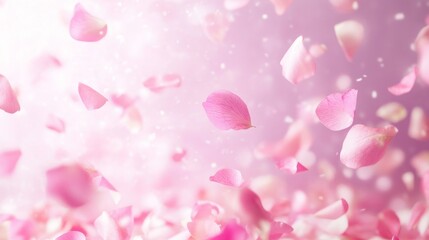 Wall Mural - Floating pink rose petals in mid-air with a blurred pink background, evoking a delicate and romantic mood.