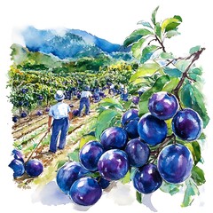 Poster - Watercolor Illustration of Plum Orchard with Workers Harvesting.