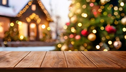 Poster - Close-up of an empty wooden table, background of a house decorated for Christmas, copy space on a side