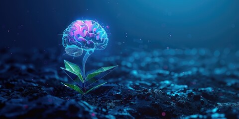 An artistic image of a brain sprouting from the ground like a plant, symbolizing the growth and development of thought and intellect.