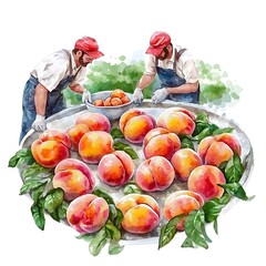 Poster - Two men harvesting ripe peaches in watercolor style.