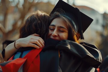 Two friends hugging during a graduation ceremony, celebrating academic achievement.