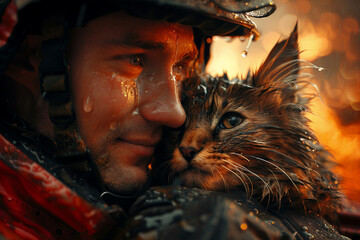 Wall Mural - AI generated picture of rescue service man with dog on operation outdoors