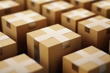 Rows of cardboard boxes with white tape arranged in a grid