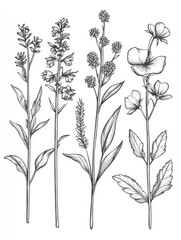 Canvas Print - A drawing of four different types of flowers. The flowers are all different sizes and are drawn in black and white. The drawing has a calm and peaceful mood