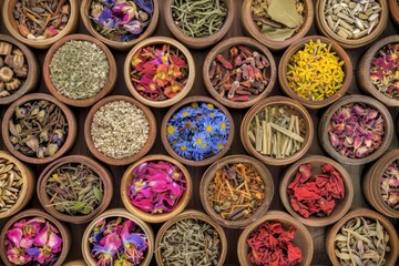 Chinese Herbs. Top View of Variety of Dried Herbs and Flowers in Wooden Bowls for Herbal Medicine and Natural Health Care