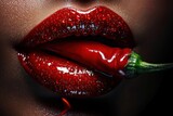 Glossy Red Lips Sensually Biting Fiery Red Chili Pepper - Perfect for Spicy & Seductive Design