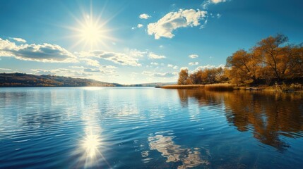 Clean Lake Landscape with Sunny Sky and Trees in Park Water Vacation Scene