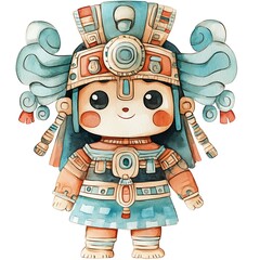 Canvas Print - Watercolor Illustration of a Cute Mayan God with Big Eyes.