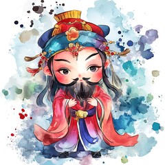 Wall Mural - Watercolor Illustration of a Chinese God in Traditional Clothing.