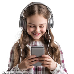 Wall Mural - Smiling Girl With Headphones and Smartphone Enjoying Music - Future of Audio Streaming - Cloud Break. Isolated on a Transparent Background. Cutout PNG.