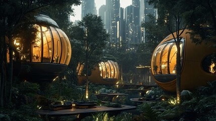 Futuristic Treehouses with City Skyline in the Distance