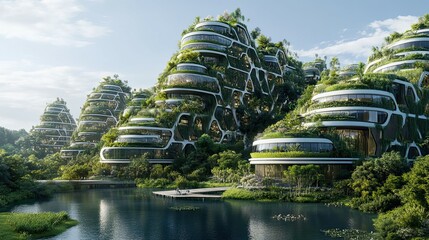 Sticker - Futuristic Eco-Friendly Cityscape with Lush Greenery and Water Feature