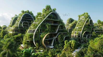 Sticker - Futuristic Green Buildings with Curved Architecture and Lush Vegetation