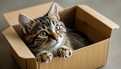 Closeup of a Cat in a Cardboard Box with Realistic Fur Texture and Natural Light on a Clean Background