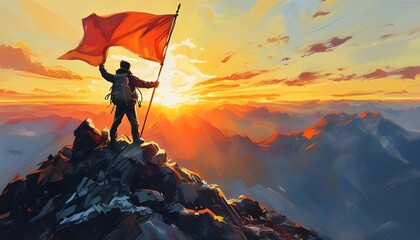 Wall Mural - Triumphant figure on mountain peak with flag, beaming with joy, symbolizing the success of overcoming challenges against a vibrant sunrise backdrop