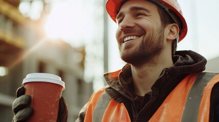 Construction Worker Smiling with Coffee Cup