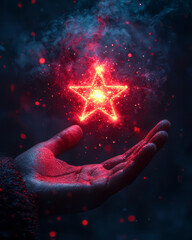 Poster - A hand extended upward, holding a vibrant, glowing star in a dark sky,