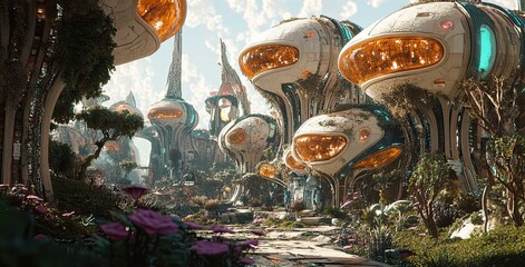 Poster - A Futuristic Cityscape with Organic Structures and a Stone Path