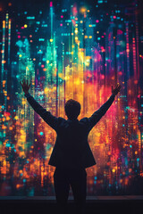 Poster - A business leader with arms raised, inspiring their team,