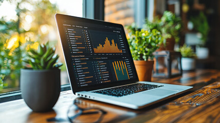 Aufkleber - A minimalist desk with a laptop showing organized to-do lists, with colorful progress graphs visible on the screen,