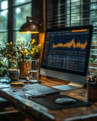 Aufkleber - An efficient workspace with a calendar, task planner, and computer screen displaying rising success graphs,