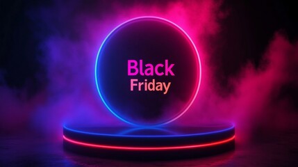 Wall Mural - Neon Black Friday Sale sign in dark lights with a glowing platform. Podium stand for promotions