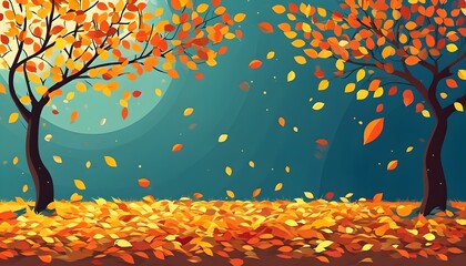 Serene autumn landscape with swirling leaves in a vibrant flat design illustration