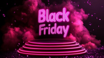 Wall Mural - Neon Black Friday Sale sign in dark lights with a glowing platform. Podium stand for promotions