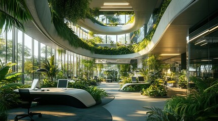 Poster - modern office interior with lush greenery and curved architectural features