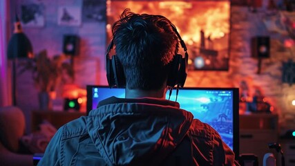 Poster - The individual sits focused in front of a computer, wearing headphones and surrounded by colorful lighting, fully engaged in their gaming experience on a cozy evening.