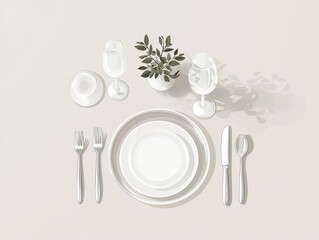 A Top Down View of a Modern Dining Table Set with Elegant Tableware and Minimal Decor