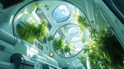 Sticker - Interior of a Spaceship with a View of Earth and Plants