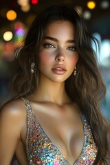 Naklejka na meble A young woman with long, flowing brown hair and piercing green eyes stares intently at the camera, her sparkling jeweled top adding a touch of glamour.