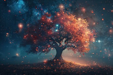 A tree with a lot of leaves and a lot of stars in the sky