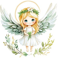 Wall Mural - Watercolor Illustration of a Cute Angel with Flowers and Green Leaves.