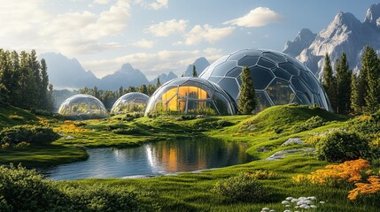 Canvas Print - Futuristic Domes in a Lush Mountain Valley